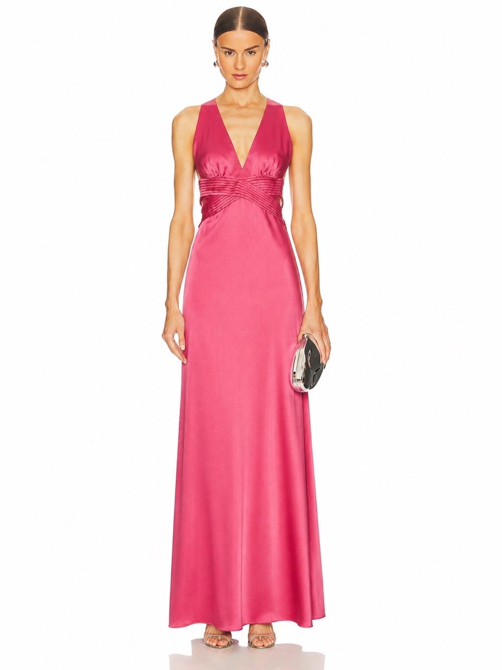 BCBGMaxAzria Fuchsia V-Neck Satin Wedding Gown Maxi Dress